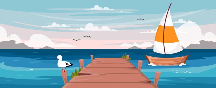 Ilustracja wektorowa pięknego krajobrazu morskiego z molo Scena morska z kreskówki drewniany most łódź z żaglem mewy latają skały na horyzoncie niebo jest niebieskie z różowymi odcieniami białe chmury