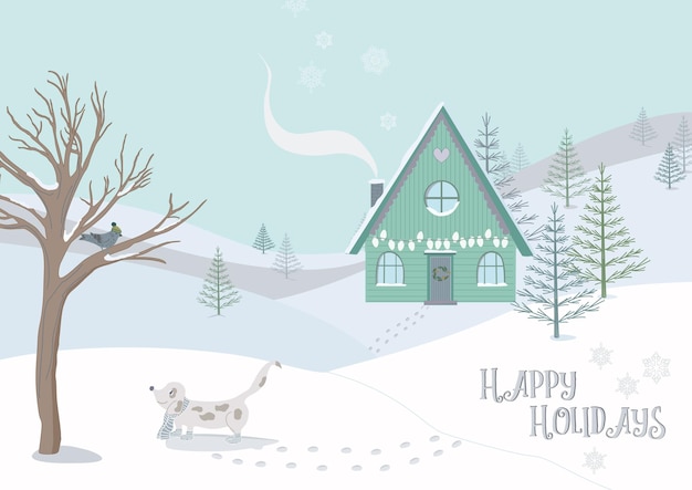 Ilustracja Wektorowa Pięknego Zimowego Krajobrazu Z Psem I Ptakiem Pokrytym śniegiem Domem I Drzewami