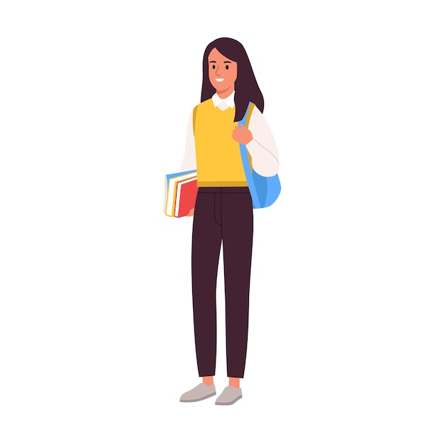 Ilustracja wektorowa pięknej szczupłej studentki Scena kreskówkowa dziewczyny w koszuli żółta kamizelka spodnie niebieski plecak na ramieniu trzymająca książkę izolowaną na białym tle