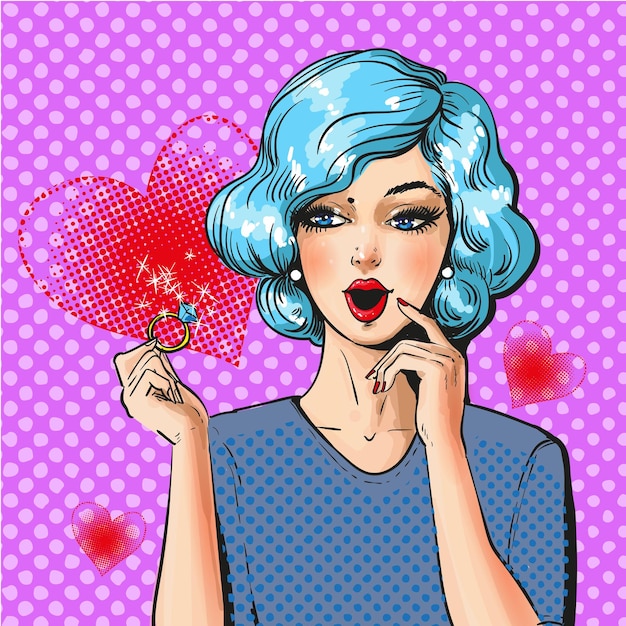 Ilustracja wektorowa pięknej zaskoczonej kobiety trzymającej pierścionek diamentowy Szczęśliwa dziewczyna pinup w stylu komiksowym retro pop art