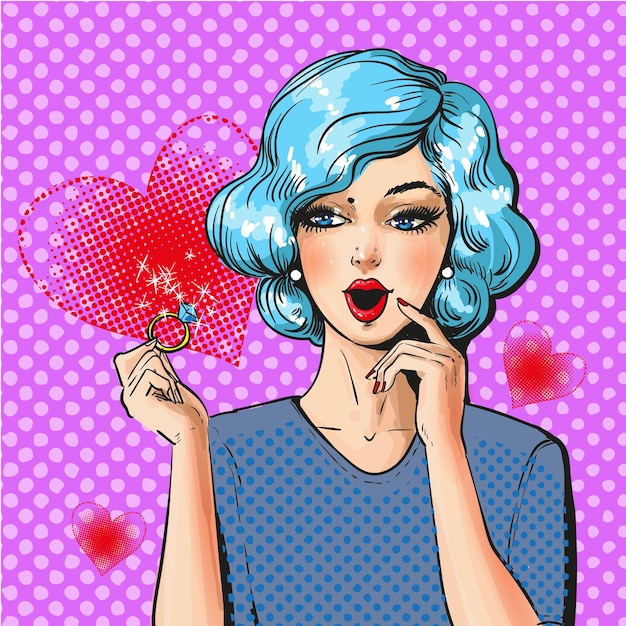 Plik wektorowy ilustracja wektorowa pięknej zaskoczonej kobiety trzymającej pierścionek diamentowy szczęśliwa dziewczyna pinup w stylu komiksowym retro pop art