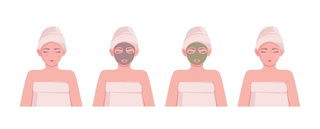 Plik wektorowy ilustracja wektorowa pielęgnacji twarzy krok po kroku. charakter kobieta w ręczniku kąpielowym.
