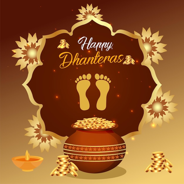 Plik wektorowy ilustracja wektorowa plakatu „happy dhanteras” przedstawiająca garnek ze złotą monetą i ślad stopy maa lakshmi oraz diya