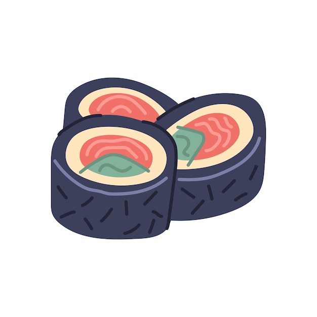 Ilustracja Wektorowa Płaska Doodle Część Sushi. Tradycyjne Japońskie Jedzenie Roll Z Ryżem, łososiem I Ogórkiem Awokado Na Białym Tle. Kultura Azjatycka Pyszna Przekąska Restauracja Kawiarnia Menu Dekoracyjny Projekt