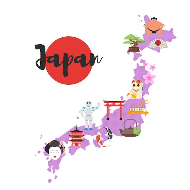 Plik wektorowy ilustracja wektorowa płaski mapa japonii z japońskimi symbolami kultury narodowej. na białym tle.