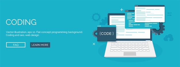 Ilustracja wektorowa, płaskie tło, kodowanie, programowanie aplikacji do optymalizacji wyszukiwarek seo