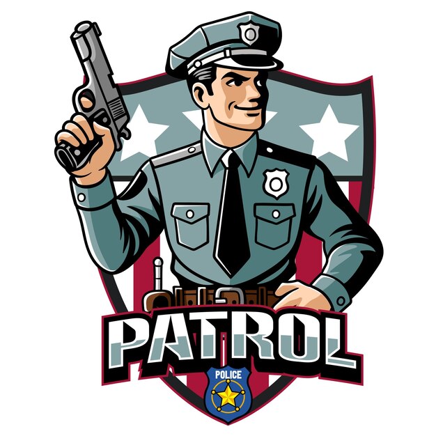 Ilustracja wektorowa policjanta niosącego broń z ilustracją wektorową retro dostępna dla odznaki logo