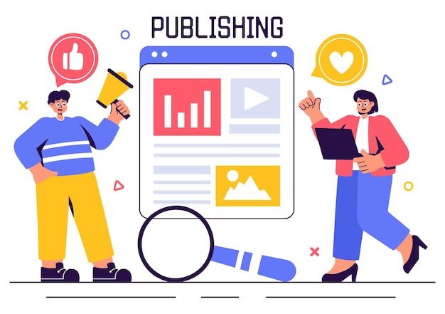 Ilustracja wektorowa publikacji cyfrowej przedstawiająca pisanie treści marketingowych na blogu dla mediów społecznościowych i organizację stron internetowych na płaskim tle