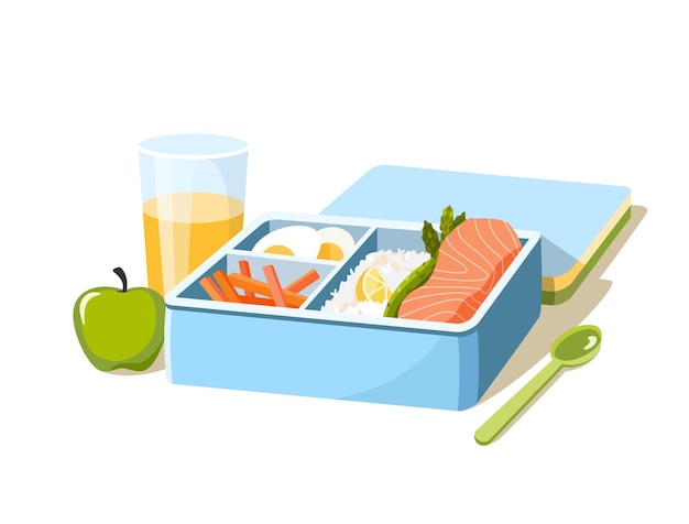Ilustracja wektorowa pudełka na lunch z gotowym jedzeniem Ryby łosoś ryż i warzywa