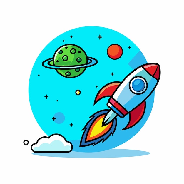 Ilustracja wektorowa rakiety startującej z planetą i meteorytem