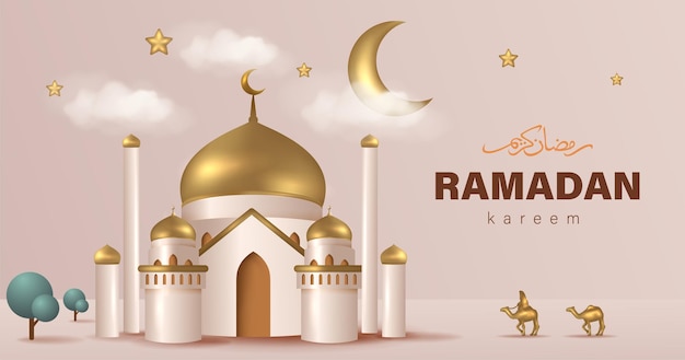 Ilustracja Wektorowa Ramadan Kareem Z Realistycznym Złotym Tłem Meczetu