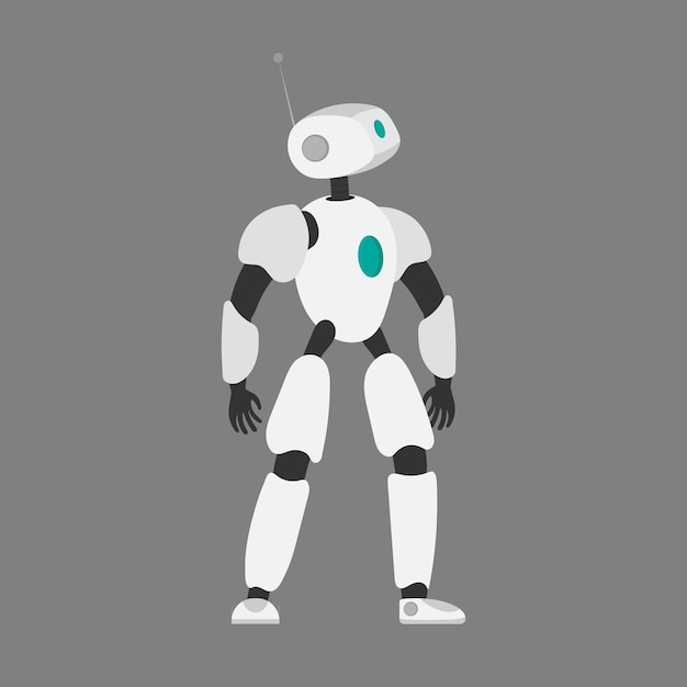 Ilustracja wektorowa robota. Futurystyczny biały robot. Na białym tle na szarym tle. Pojęcie przyszłości, sztuczna inteligencja i technologia.