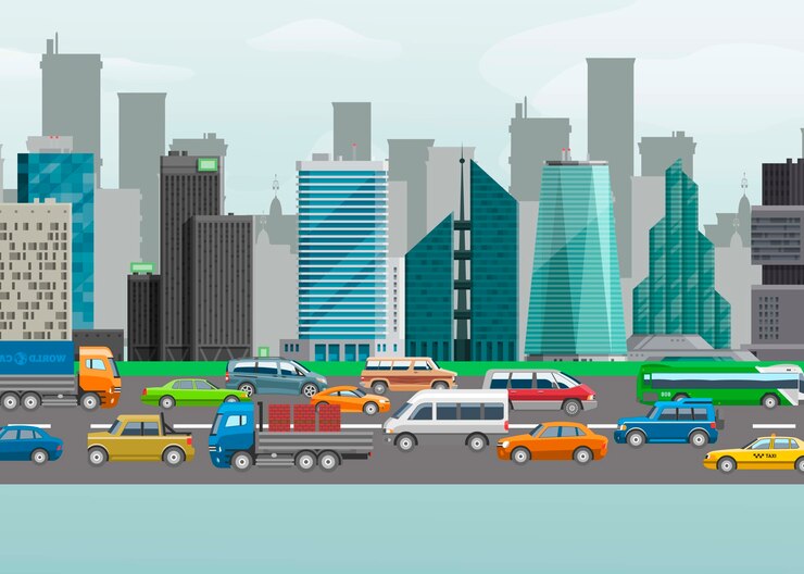 Wektor ilustracja wektorowa ruchu ulicznego miasta samochodów miejskich transportu na pas ruchu. projektowanie budynków miejskich i ulic do udostępniania samochodów lub nawigacji samochodowej.