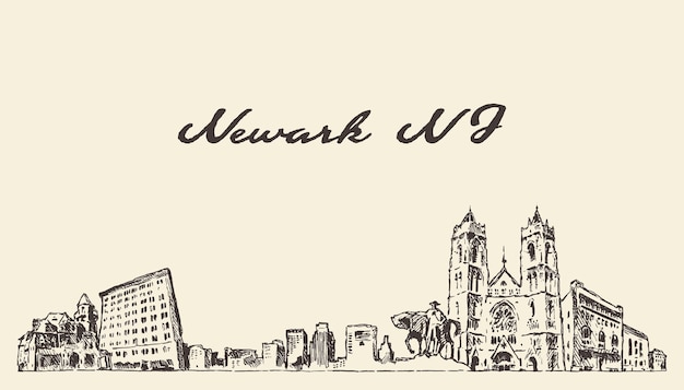 Ilustracja Wektorowa Rysować Ręcznie Panoramę Newark, New Jersey, Usa