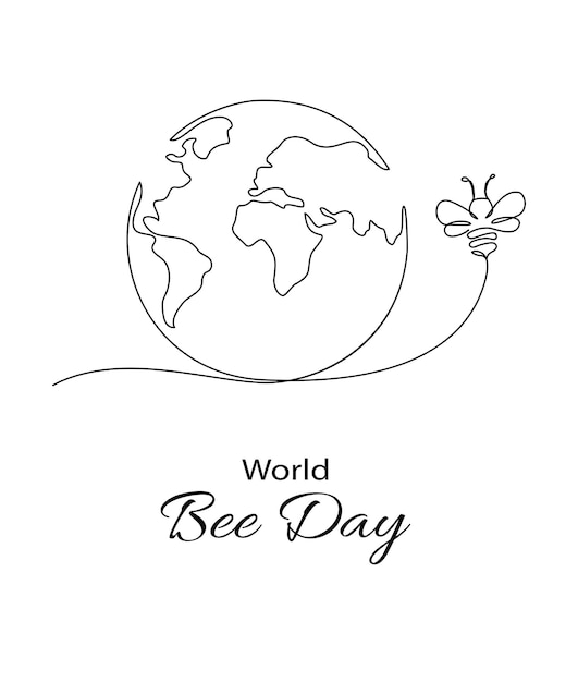 Ilustracja wektorowa rysunku jednej linii planety Ziemia i pszczoły z tekstem Światowego Dnia Pszczół