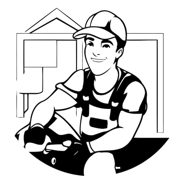 Plik wektorowy ilustracja wektorowa rzemieślnika trzymającego wiertło przed domem