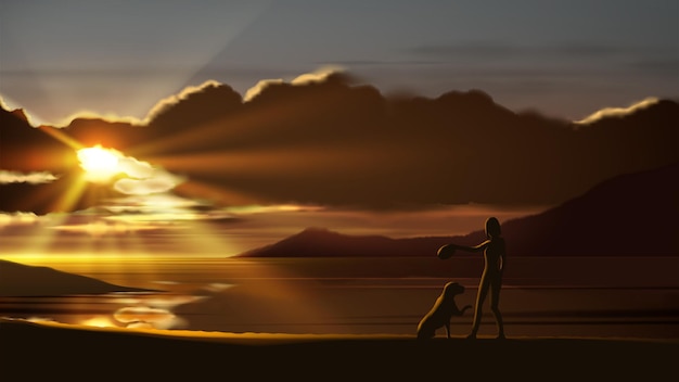 Plik wektorowy ilustracja wektorowa scenerii kobiety bawi się z ukochanym psem nad brzegiem morza z pięknym zachodem słońca.