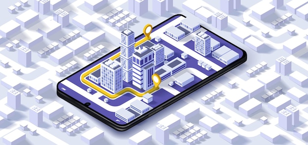 Ilustracja wektorowa smartfona z mobilną aplikacją nawigacyjną na ekranie Mapa trasy z symbolami