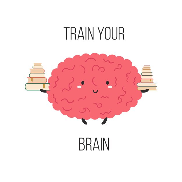 Plik wektorowy ilustracja wektorowa śmiesznego mózgu ze stosami książek