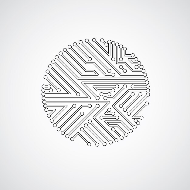 Ilustracja wektorowa streszczenie technologia z okrągłą płytką drukowaną monochromatyczne. Zaawansowany technologicznie okrągły cyfrowy schemat urządzenia elektronicznego.