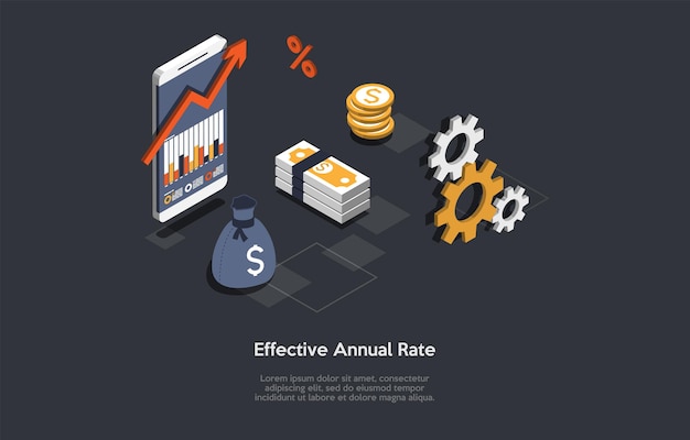Ilustracja Wektorowa. Styl 3d Kreskówki. Skład Izometryczny. Projekt Koncepcyjny. Efektywna Stawka Roczna. Pomysły Na Finanse I Bankowość. Smartfon, Wykres Na Ekranie, Mechanizm, Elementy Związane Z Pieniędzmi.