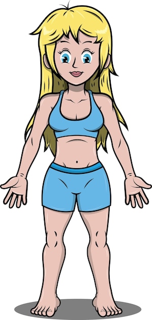 Ilustracja Wektorowa Stylu Kreskówki Młoda Kobieta W Ubraniach Gimnastycznych Stojąca Z Przodu Z Wyciągniętymi Ramionami