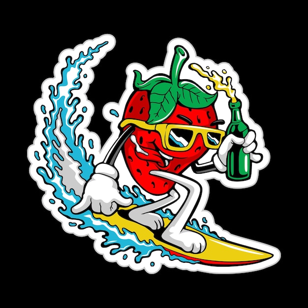 Plik wektorowy ilustracja wektorowa surfującej czerwonej truskawki
