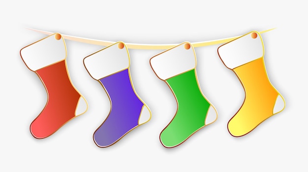 Plik wektorowy ilustracja wektorowa świątecznych czerwonych, fioletowych, zielonych i żółtych skarpet na linie w stylu papercut z przezroczystymi cieniami na białym tle