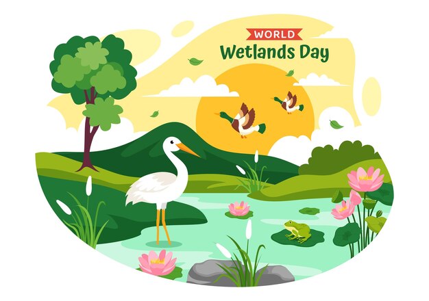 Ilustracja Wektorowa światowego Dnia Wetlands 2 Lutego Z Zwierzętami Bocianami I Ogrodem Na Tle