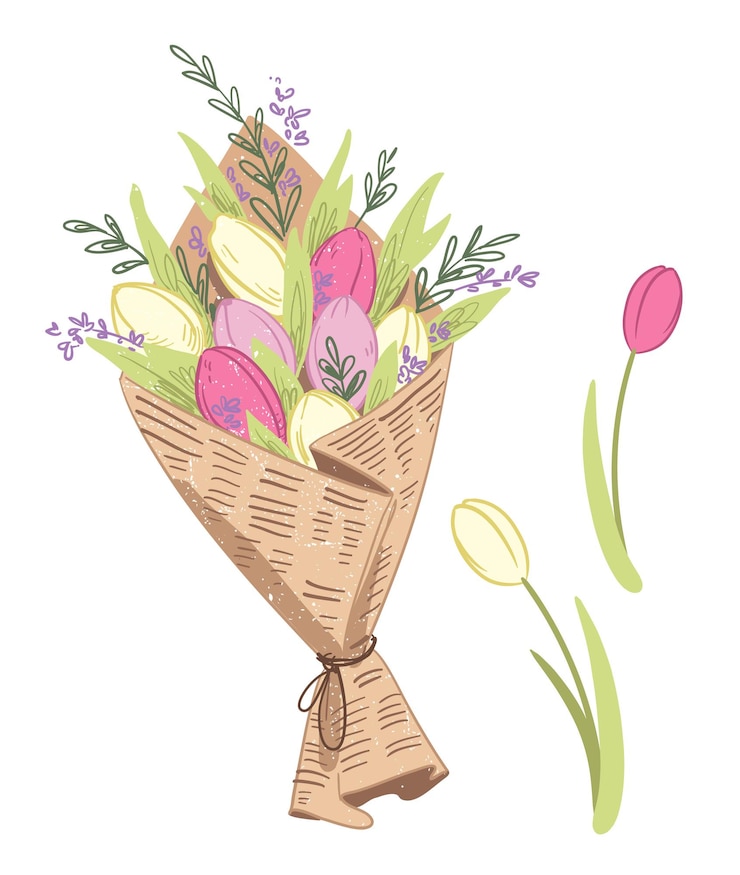 Wektor ilustracja wektorowa świeżego wiosennego bukietu kwiatów tulipanów, owiniętego papierem rzemieślniczym