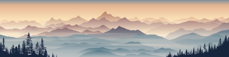 Wektor ilustracja wektorowa świtu w górach szczyt góry i las w porannym panoramicznym mgle