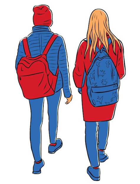 Ilustracja wektorowa sylwetki dwóch studentów dziewcząt chodzących na świeżym powietrzu