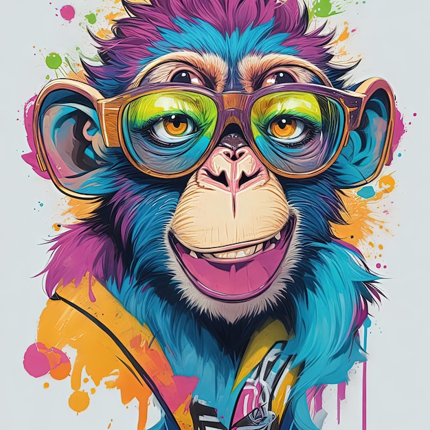 Ilustracja wektorowa t koszula małpa z kolorowymi okularami
