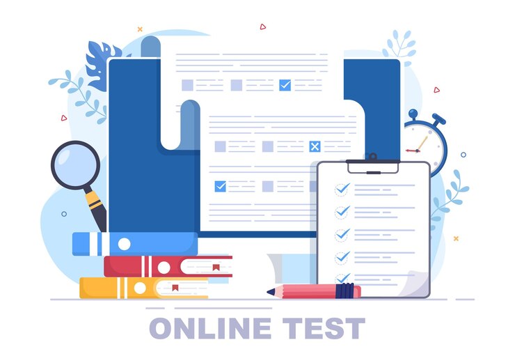 Wektor ilustracja wektorowa tła testowania online z listą kontrolną, egzaminem, wyborem odpowiedzi, formularzem, e-learningiem i koncepcją edukacji