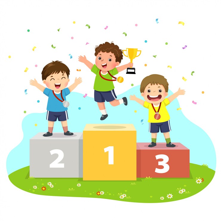 Ilustracja wektorowa trzech chłopców z medalami, stojąc na cokole zwycięzców sportu i trzymając trofeum.