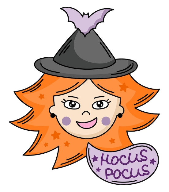 Plik wektorowy ilustracja wektorowa twarz ładny czarownicy. zabawna kreskówka mistyczna dziewczyna z imbirowymi włosami