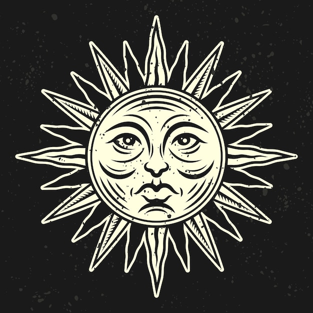 Ilustracja wektorowa twarz słońca w stylu vintage na ciemnym tle Element projektu do projektowania odzieży na temat astrologiczny