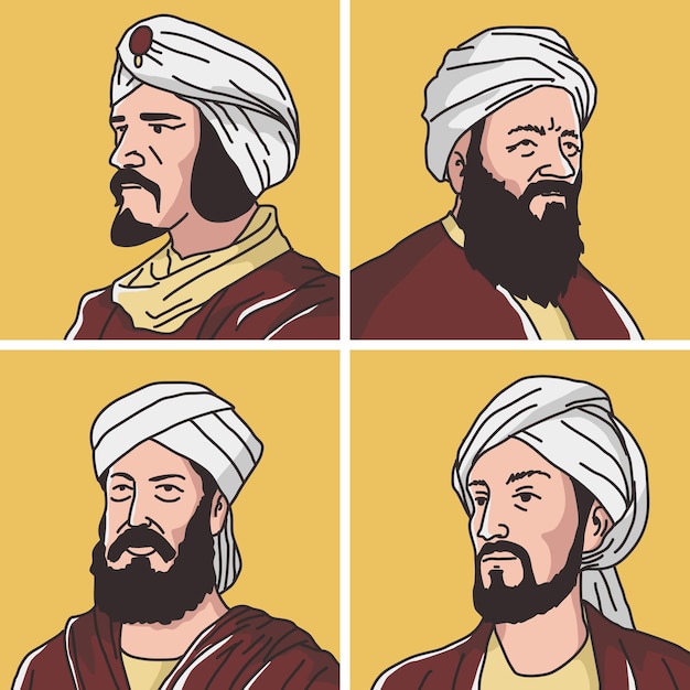 Ilustracja wektorowa uczonych muzułmańskich alkindi jabir ibn hayyan aljazari abbas ibn firnas