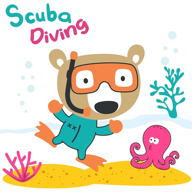 Ilustracja wektorowa uroczego misia w masce do snorkelingu nurkującego w morzu Może być używana do nadruku na koszulce Kreatywne wektorowe dziecinne tło dla tkanin tekstylnych i innych dekoracji