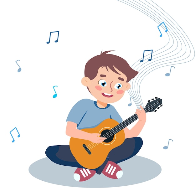 Ilustracja wektorowa uśmiechniętego chłopca grającego na gitarze Scena kreskówkowa z szczęśliwym chłopcem siedzącym, śpiewającym i grającym na gitarze i notatkami muzycznymi izolowanymi na białym tle Chłopiec jest piosenkarzem