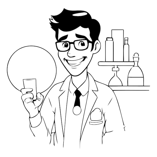 Plik wektorowy ilustracja wektorowa uśmiechniętego lekarza trzymającego pigułkę w ręku