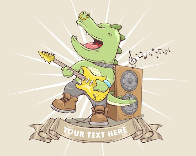 Ilustracja Wektorowa W Stylu Kreskówki Zabawny Dinozaur Grający Na Gitarze Elektrycznej Elementy Muzyczne