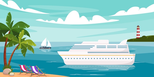 Ilustracja Wektorowa Widoku Z Wyspy Na Morze W Stylu Kreskówki żaglowa Jacht Statek Latarnia I Palmy Z Leżakami Na Plaży Ziemia Pośrodku Oceanu