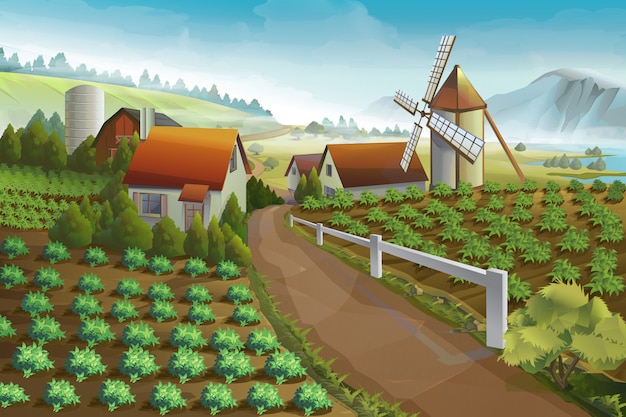 Ilustracja wektorowa wiejskiego krajobrazu gospodarstwa