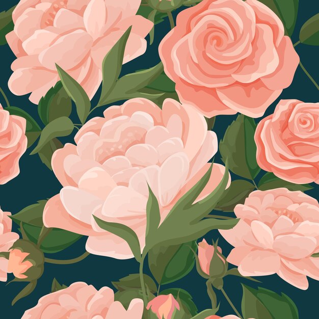 Ilustracja wektorowa wzór niebieskie tło i piwonie z różami. Różowe kwiaty do wystroju retro, tkanin, sukienek, pościeli, artykułów piśmiennych