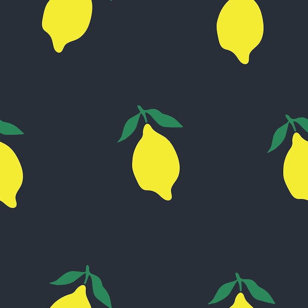 Ilustracja wektorowa wzoru owoców cytryny z liśćmi ciemne tło żółto-zielone owoce jedzenie tapeta okładka