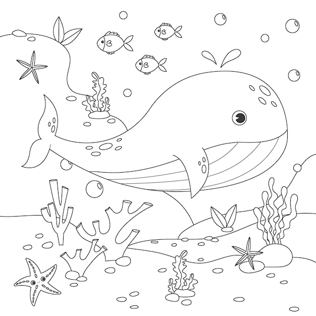 Plik wektorowy ilustracja wektorowa z algami, wielorybami, gwiazdami morskimi i rybami na dnie morza