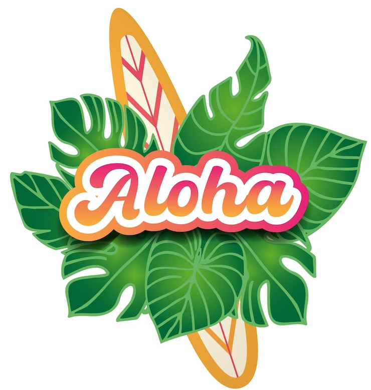 Wektor ilustracja wektorowa z desek surfingowych tropikalnych liści i ręcznie rysowane tekst aloha
