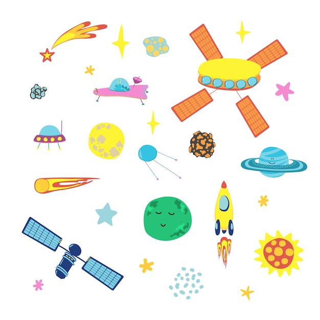 Ilustracja wektorowa z elementami kosmicznymi rakieta gwiazdy planety kometa ufo satelita na białym