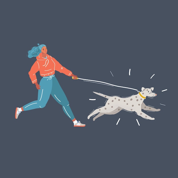 Ilustracja wektorowa z kobietą biegnącą z psem na ciemnym tle